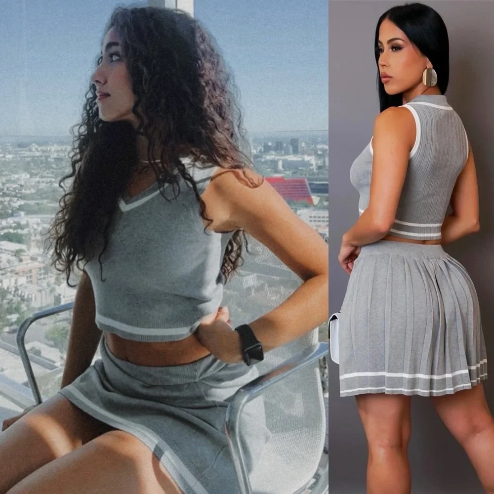 Sincerly Jules Versatil Grey Top & Skirt Set White Accents NWT - Picture 3 of 9